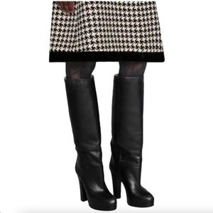 New Gucci Black Leather Ribbed Platform Knee High Boots